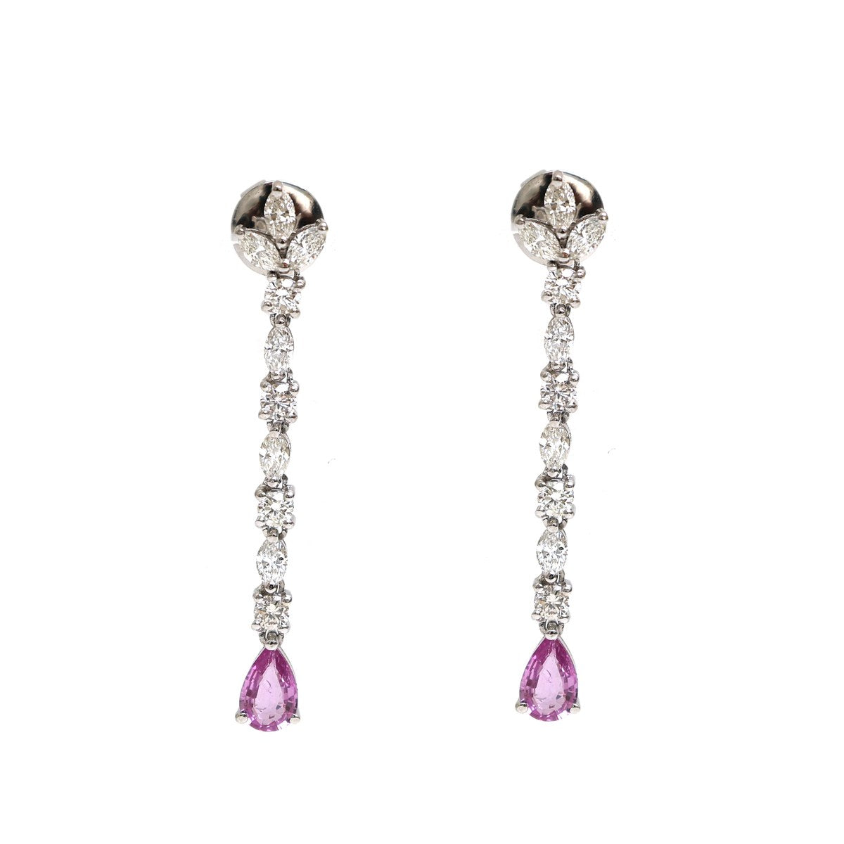 Pink Sapphire & Natural Diamond18K White Gold  Drop Earrings