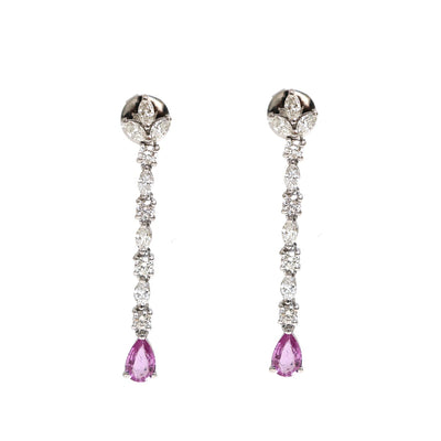 Pink Sapphire & Natural Diamond18K White Gold  Drop Earrings