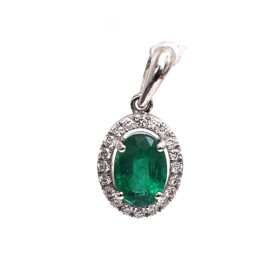 Rich Oval Emerald Diamond Halo 18K White Gold Pendant Necklace