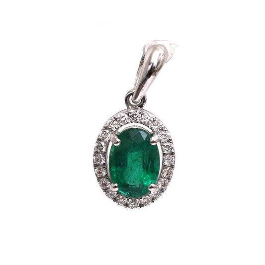 Rich Oval Emerald Diamond Halo 18K White Gold Pendant Necklace
