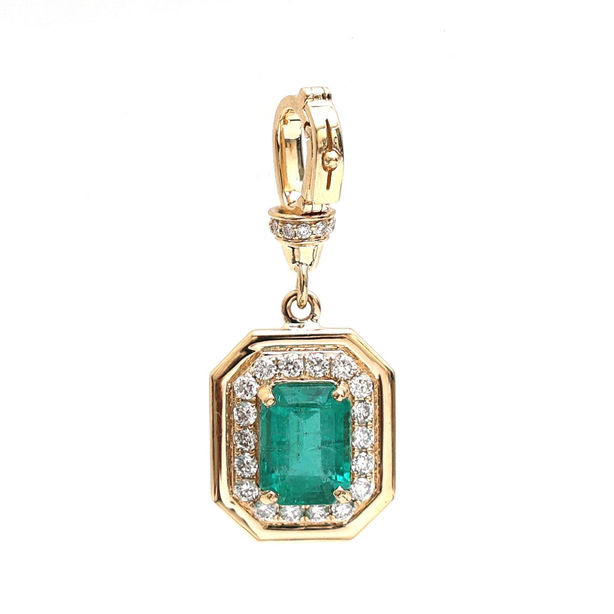 Octagon Emerald Diamond Halo 18K Yellow Gold Pendant Necklace