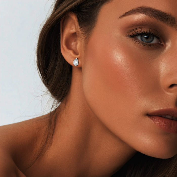 Teardrop Halo Diamond Stud Earrings in 18K White Gold