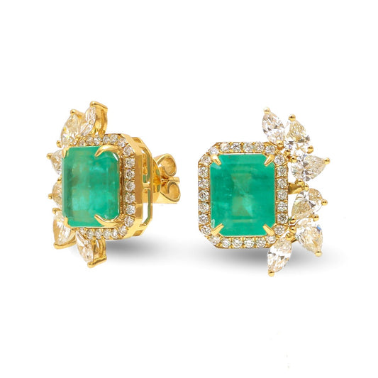Emerald Cut Emerald 18K Natural Diamond Yellow Gold Stud Earrings