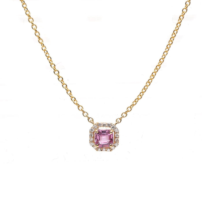 Luxury Pink Sapphire Diamond 18K Yellow Gold Halo Necklace