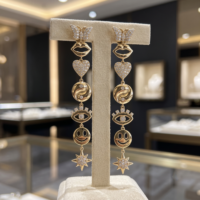Whimsical Pave Detailing Symbol Drop Earrings in 14K Yellow Gold