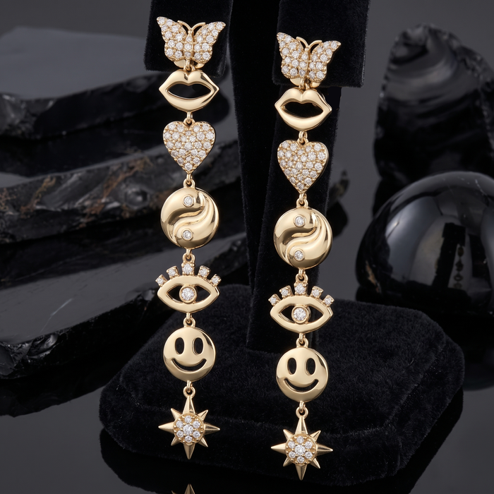 Whimsical Pave Detailing Symbol Drop Earrings in 14K Yellow Gold