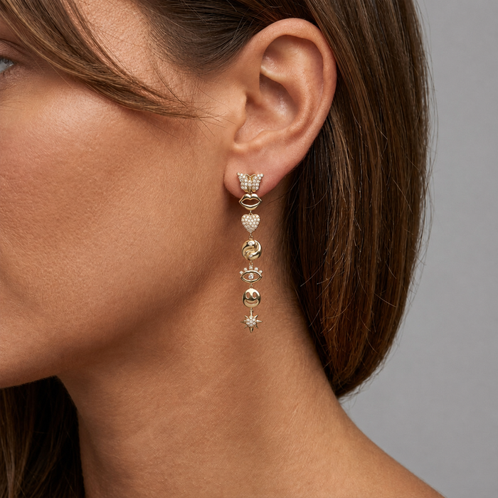 Whimsical Pave Detailing Symbol Drop Earrings in 14K Yellow Gold