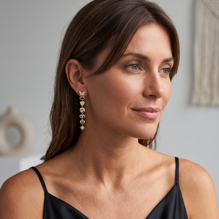 Whimsical Pave Detailing Symbol Drop Earrings in 14K Yellow Gold