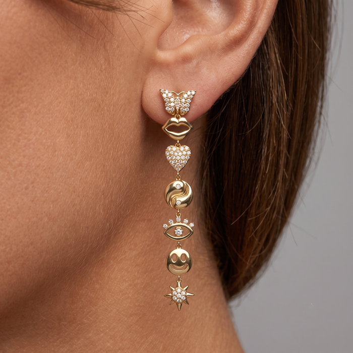 Whimsical Pave Detailing Symbol Drop Earrings in 14K Yellow Gold
