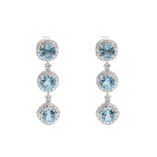 Aquamarine Triple Halo 18K Natural Diamond White Gold Drop Earrings
