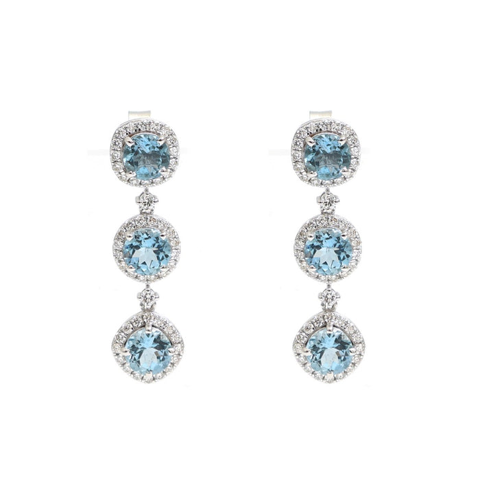 Aquamarine Triple Halo 18K Natural Diamond White Gold Drop Earrings