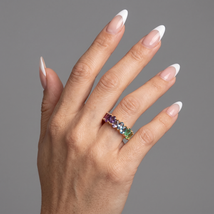 Exquisite Multi-Color Sapphire & Emerald Eternity 14K Gold Ring