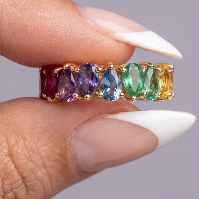 Exquisite Multi-Color Sapphire & Emerald Eternity 14K Gold Ring