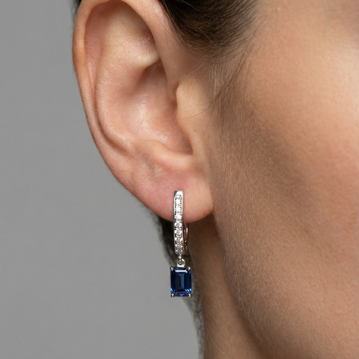 Azure Edge Blue Sapphire Diamond Drop Earrings in 18K White Gold