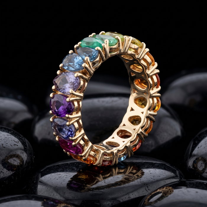 Exquisite Multi-Color Sapphire & Emerald Eternity 14K Gold Ring