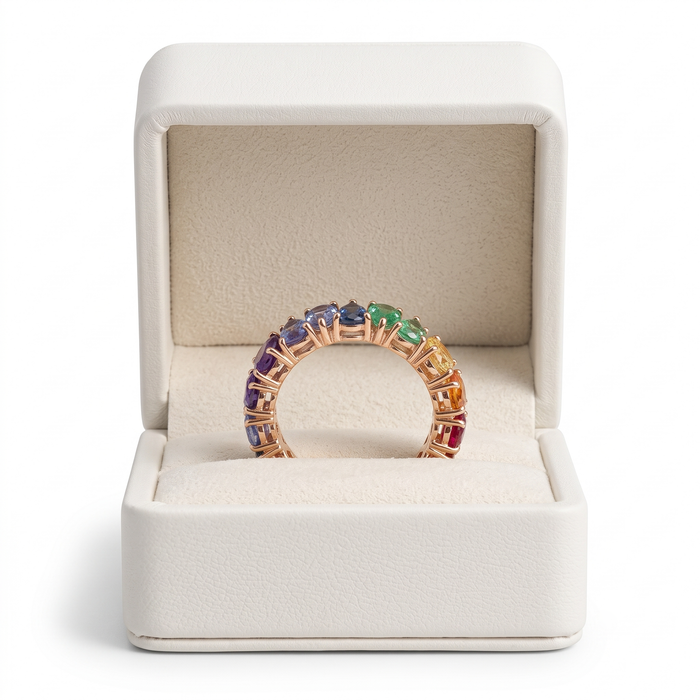 Exquisite Multi-Color Sapphire & Emerald Eternity 14K Gold Ring