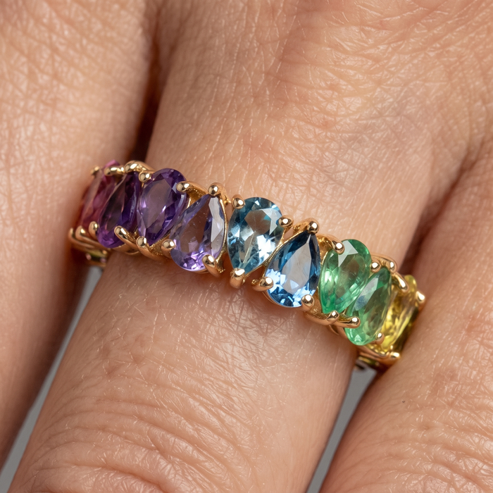 Exquisite Multi-Color Sapphire & Emerald Eternity 14K Gold Ring