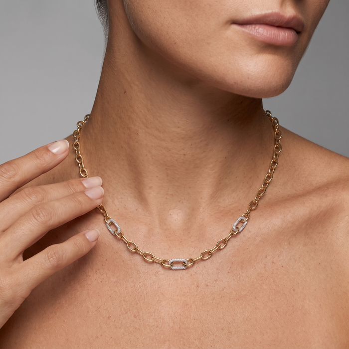 Accented Diamond Link Chain Necklace in 14K Yellow Gold