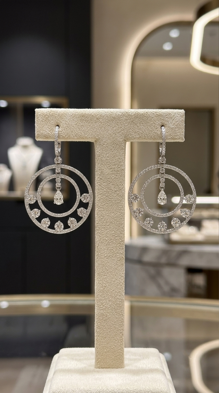 Radiant Halo Double Circle Diamond Drop Earrings in 14K White Gold