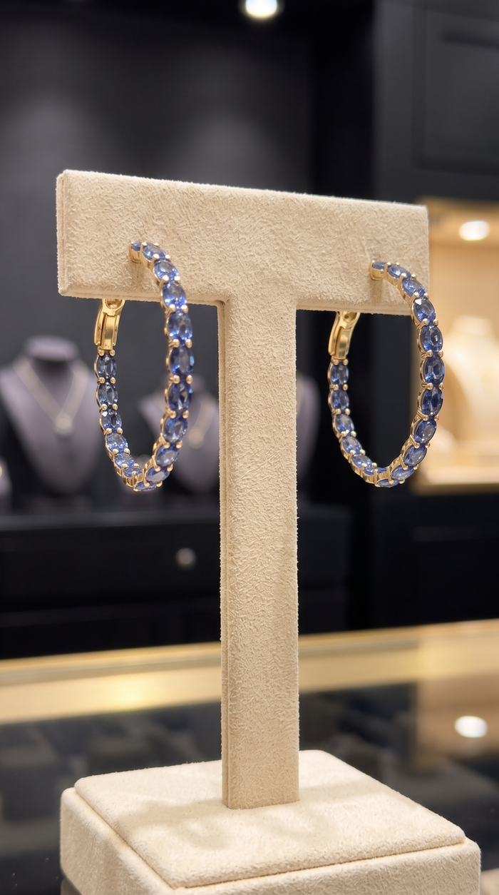 Midnight Oval Sapphire Hoop Earrings in 14K Yellow Gold