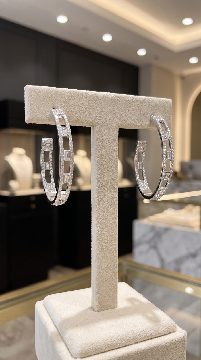 Baguette Cut Open Hoop Earrings in 14K White Gold