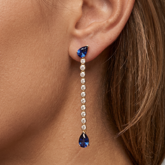 Sapphire Diamond Pear Drop Earrings in 14K Yellow Gold