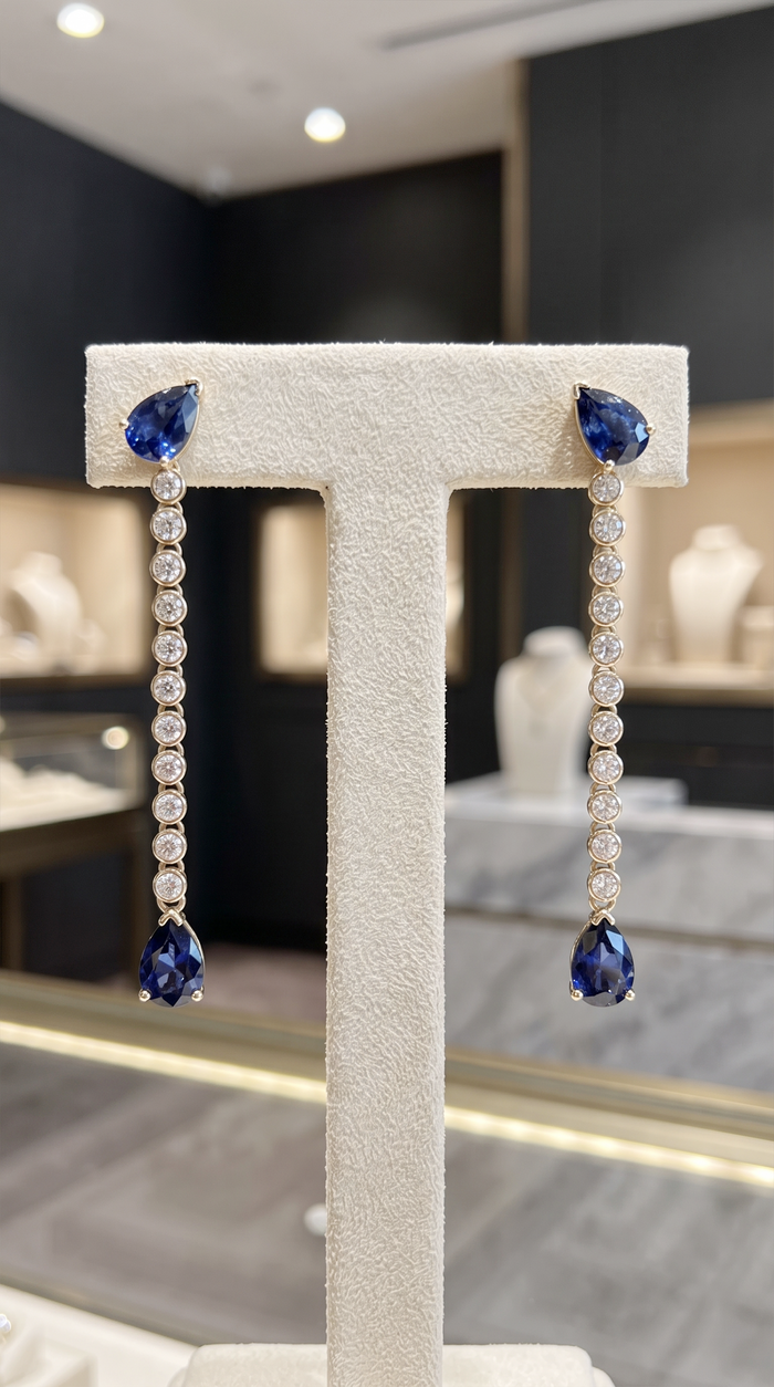 Sapphire Diamond Pear Drop Earrings in 14K Yellow Gold