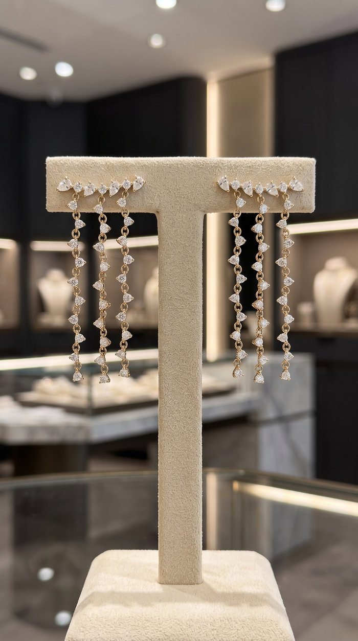 Triple Diamond Drop Chain Earrings in 14K Yellow Gold