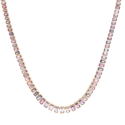 Elegant Emerald Cut Rainbow Sapphire 14K (18k Custom) Yellow Gold Tennis Necklace