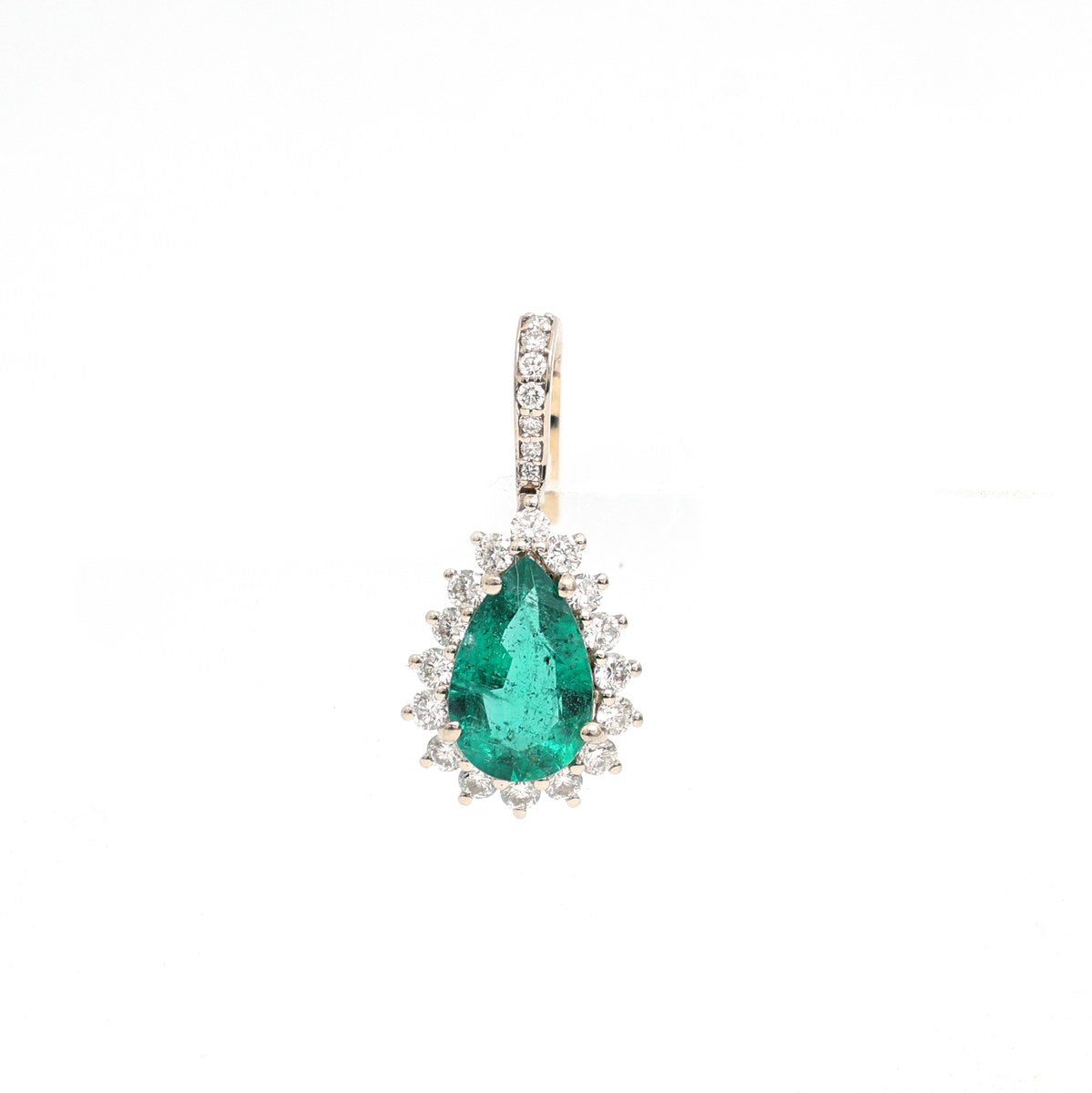Teardrop Emerald Diamond Halo 18K Yellow Gold Pendant Necklace