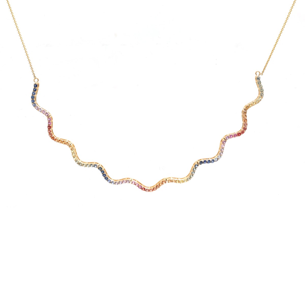 Elegant Round Shape Rainbow Sapphire 18K Yellow Gold Wave Necklace