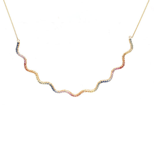 Elegant Round Shape Rainbow Sapphire 18K Yellow Gold Wave Necklace
