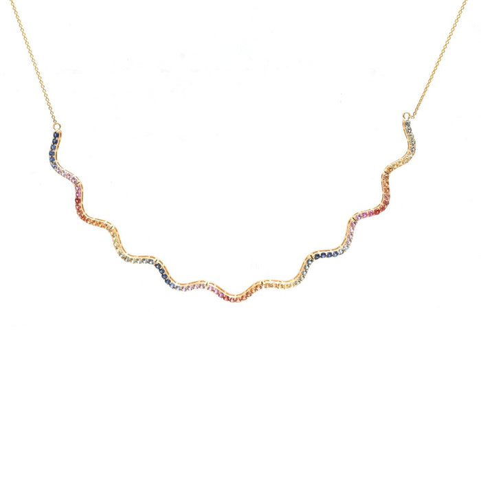 Elegant Round Shape Rainbow Sapphire 18K Yellow Gold Wave Necklace