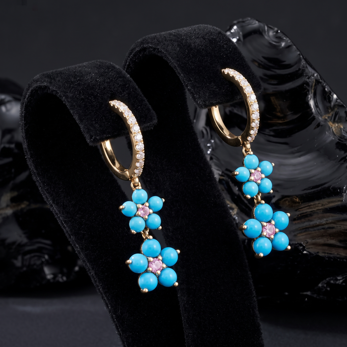 Blooming Turquoise Floral Drop Earrings in 14K Yellow Gold