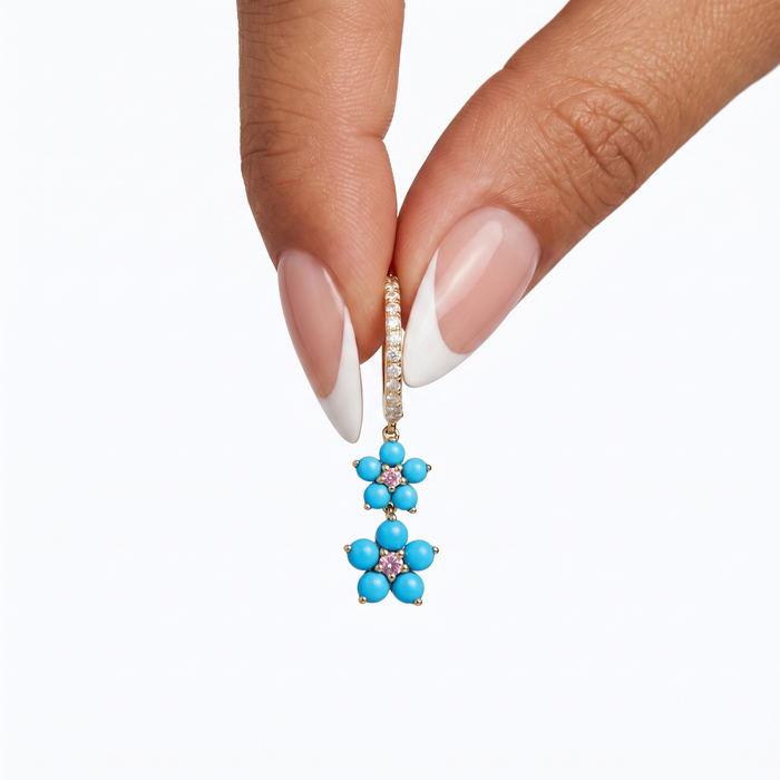 Blooming Turquoise Floral Drop Earrings in 14K Yellow Gold