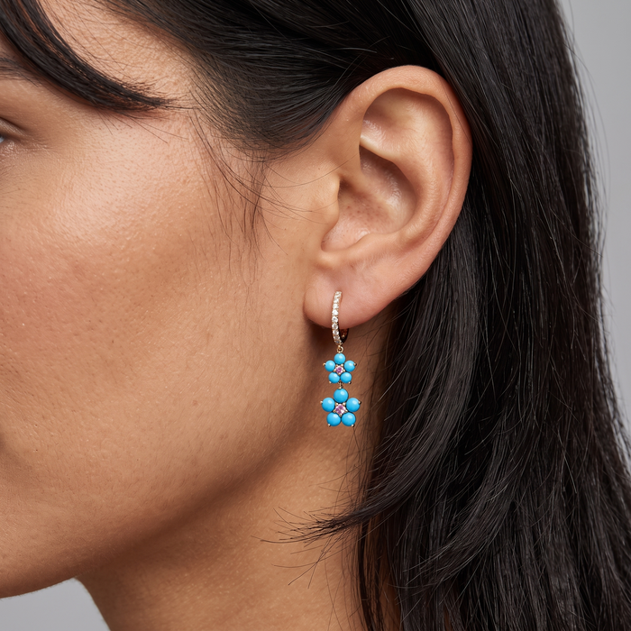 Blooming Turquoise Floral Drop Earrings in 14K Yellow Gold
