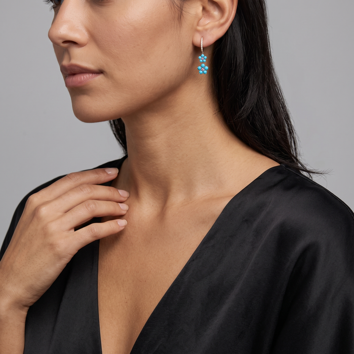 Blooming Turquoise Floral Drop Earrings in 14K Yellow Gold