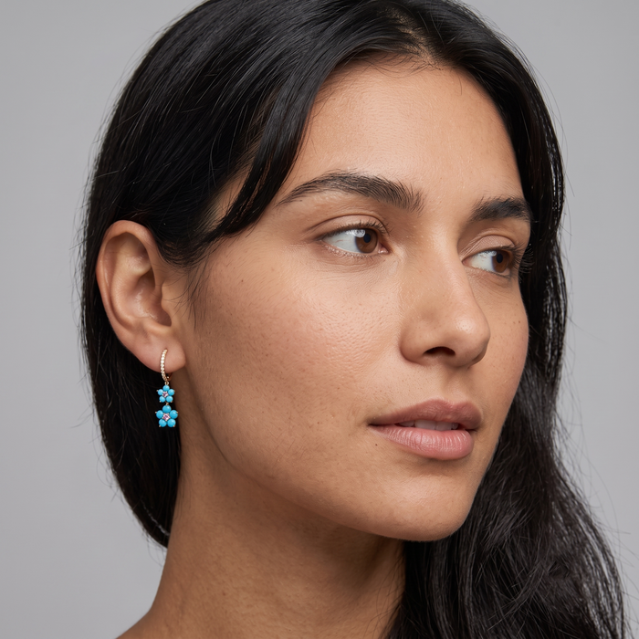 Blooming Turquoise Floral Drop Earrings in 14K Yellow Gold