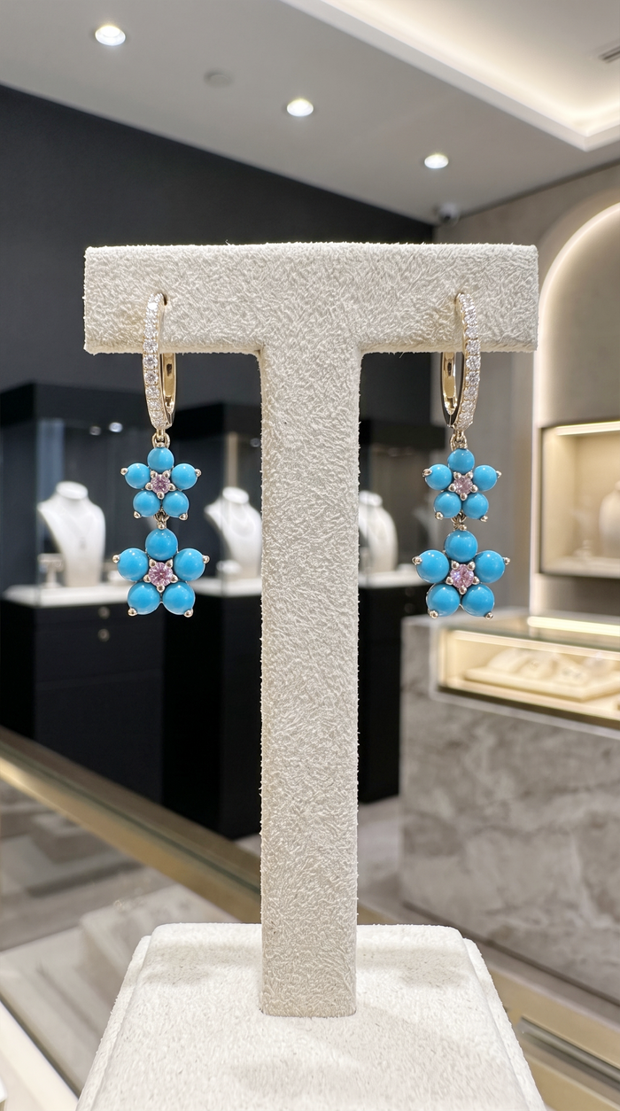 Blooming Turquoise Floral Drop Earrings in 14K Yellow Gold