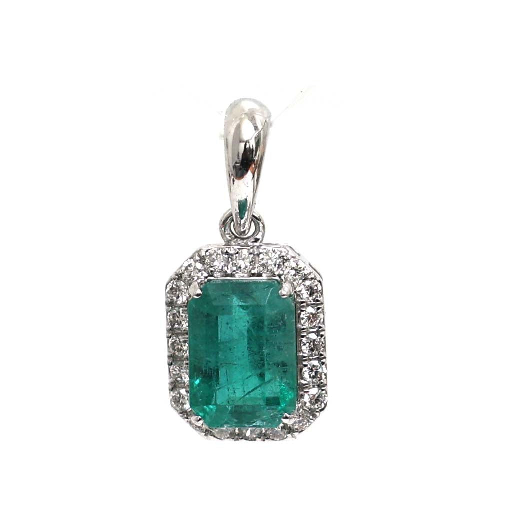 Emerald Majesty Diamond Halo 18K White Gold Pendant Necklace