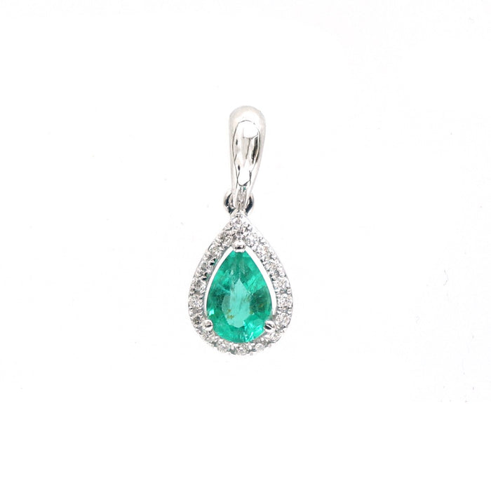 Teardrop Emerald Diamond Halo 18K White Gold Pendant Necklace