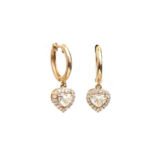 Heart Cut 18K Natural Diamond Yellow Gold Halo Drop Hoop Earrings