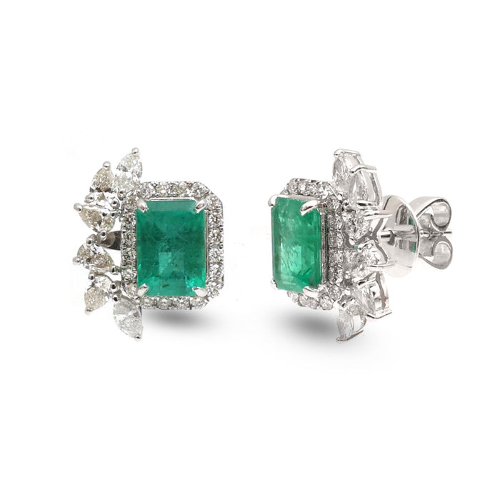Emerald Halo 18K Natural Diamond White Stud Earrings