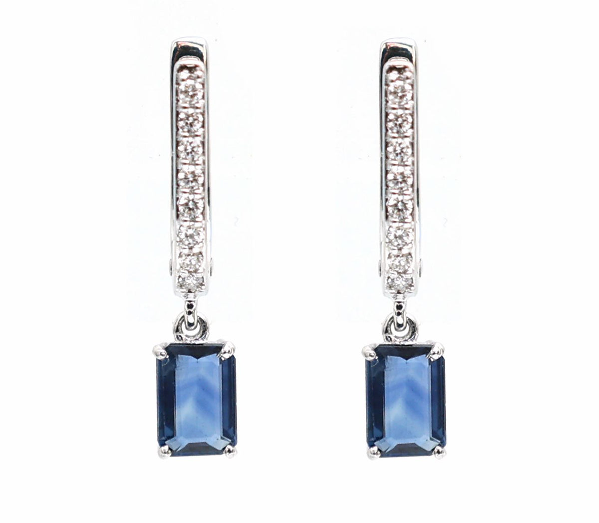 Azure Edge Blue Sapphire Diamond Drop Earrings in 18K White Gold