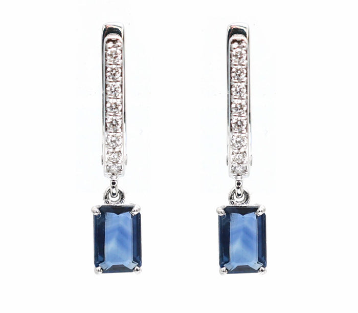 Azure Edge Blue Sapphire Diamond Drop Earrings in 18K White Gold