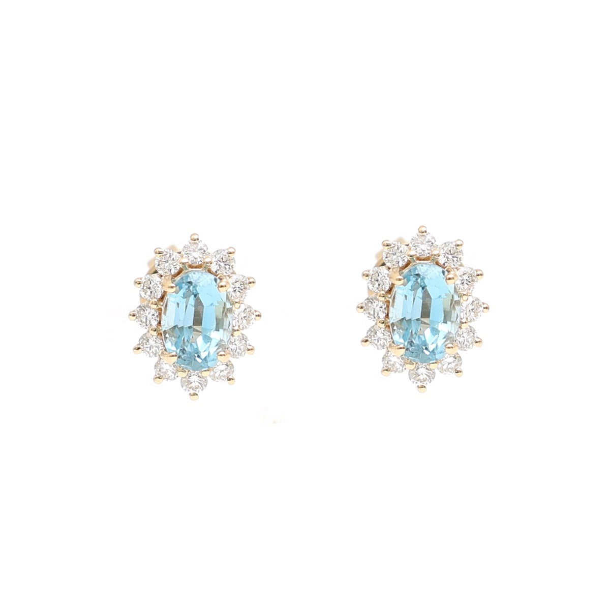 Aquamarine Halo 18K Natural Diamond Yellow Gold Stud Earrings