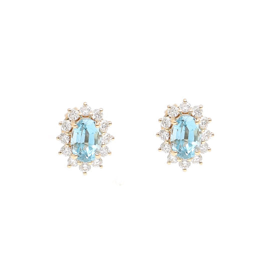 Aquamarine Halo 18K Natural Diamond Yellow Gold Stud Earrings