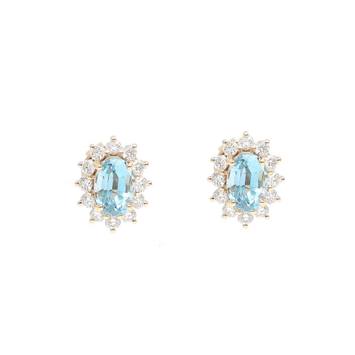 Aquamarine Halo 18K Natural Diamond Yellow Gold Stud Earrings