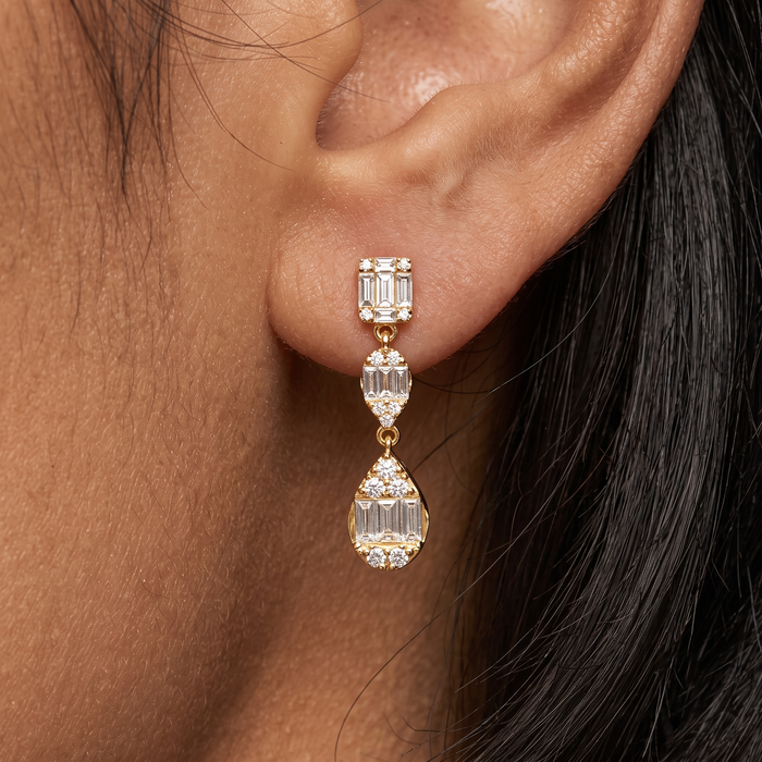 Baguette Round Triple Drop Dangle Earrings in 14K Yellow Gold
