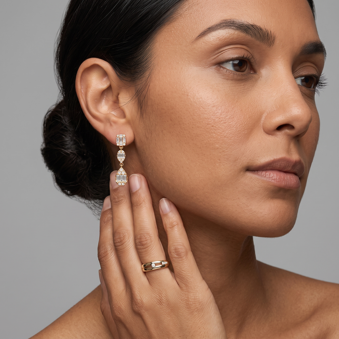 Baguette Round Triple Drop Dangle Earrings in 14K Yellow Gold